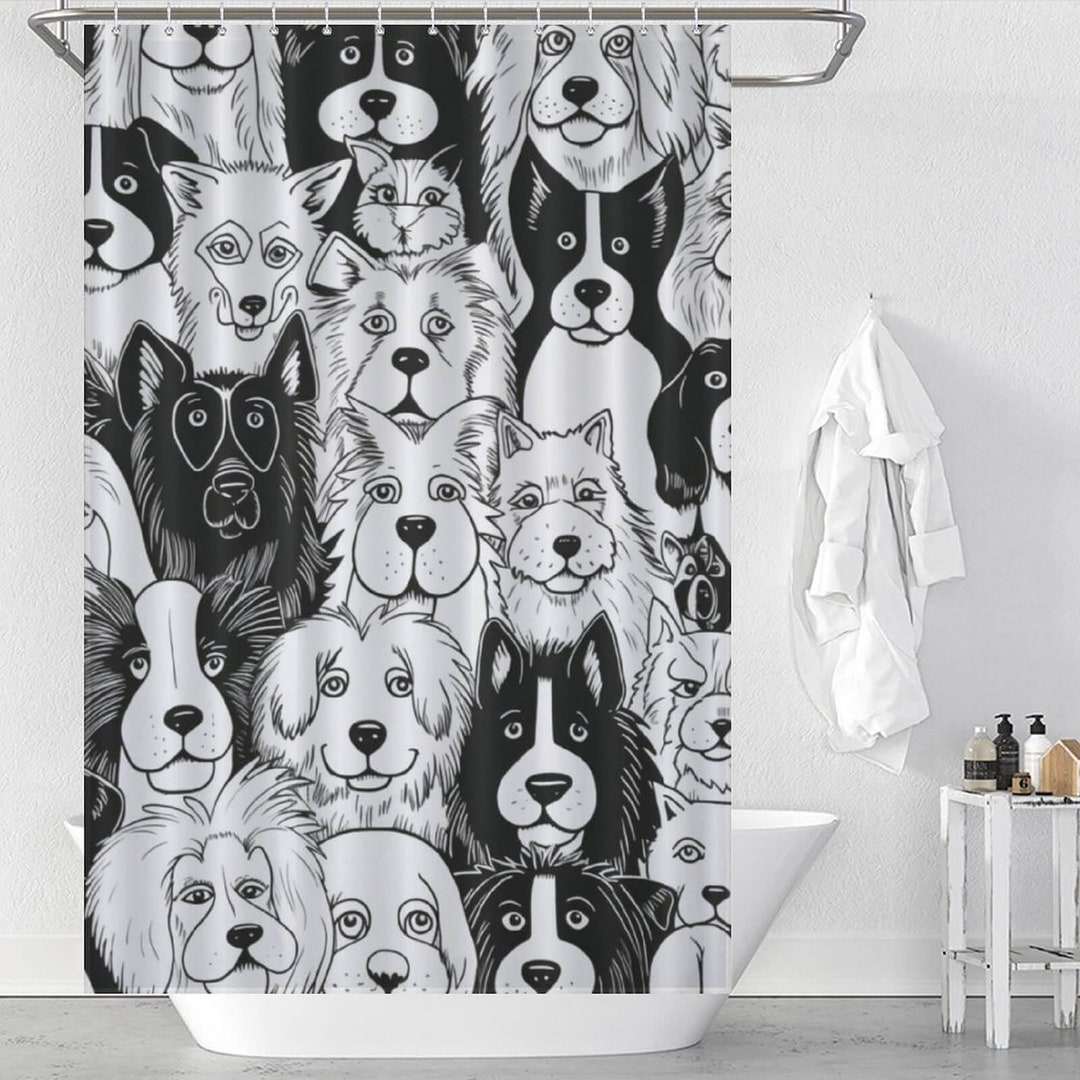 Funny Black and White Dog Shower Curtain, Lovely Animals Bathroom