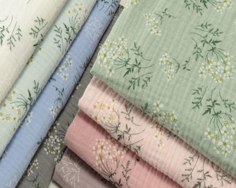 Tecido de gaze de flores, estampa de plantas de flores, gaze de algodão duplo, tecido de crepe de musselina amassada 100% algodão, material de pijama de manta faça você mesmo