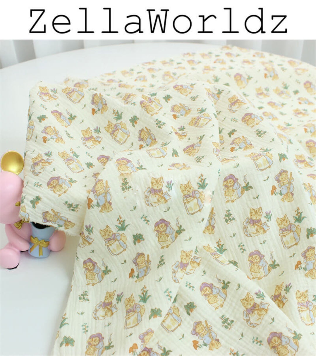 Cotton Gauze Fabric by the Yard, Cute Print Cat Double Gauze, Animal