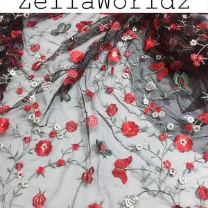 Red Flower Embroidered Tulle: Wedding Dress Lace Fabric - By The Yard, DIY & Upholstery Fabric