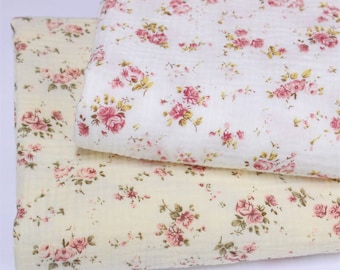 Floral Double Gauze Fabric: Retro Pink Flower Cotton Muslin, DIY Blanket Swaddling Material