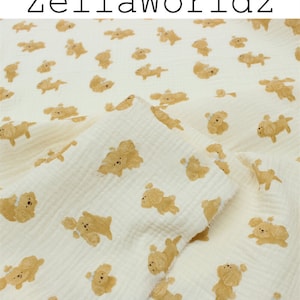Tecido de gaze de algodão duplo, tecido de crepe 100% algodão estampado para cachorro poodle fofo, tecido de musselina enrugado animal, tecido para enrolar cobertor de bebê