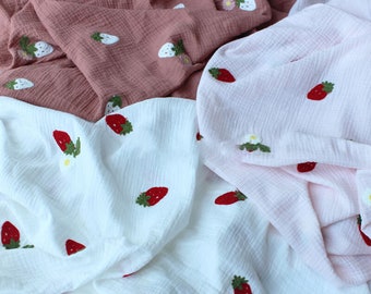 Double Cotton Gauze Fabric, Embroidery Strawberry Double Cotton Gauze,100%Cotton Crinkled Gauze Muslin Fabric, Soft DIY Blanket Material