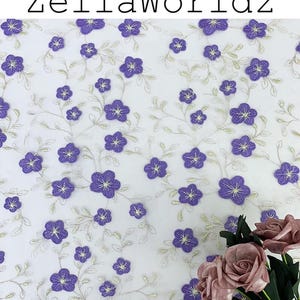 Floral Embroidered Tulle Fabric, Purple Flowers Embroidered Lace Mesh Fabric, DIY Dresses Sewing Craft Material, Wedding Upholstery Fabric
