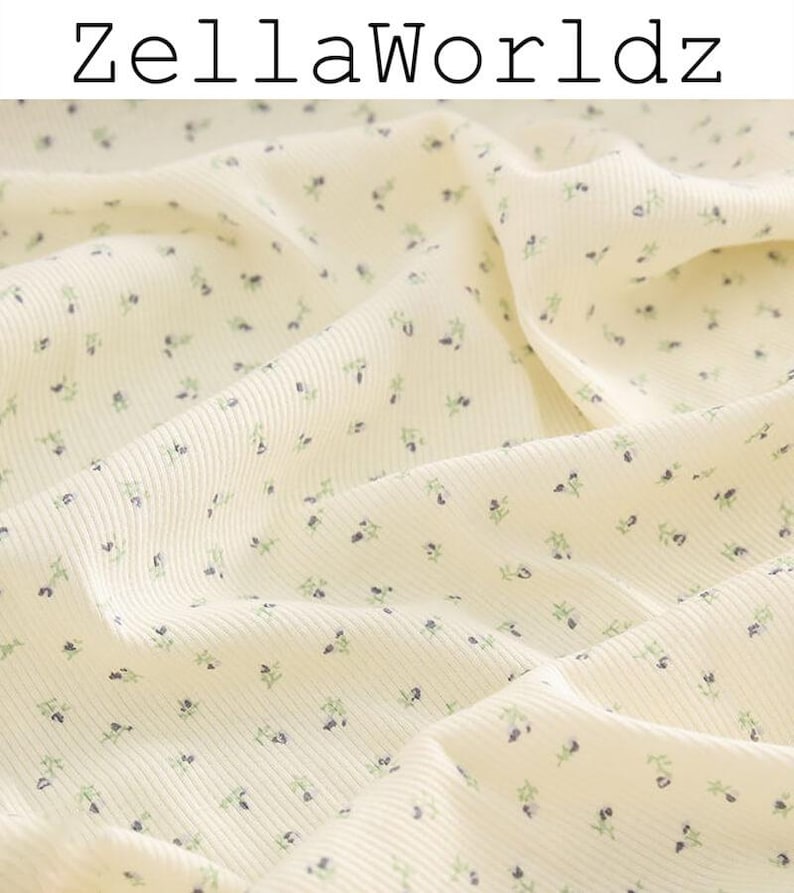 2x2 Floral Ribbed Knit Fabric: Blue Flower Print, Cotton Spandex Blend, Dresses Material