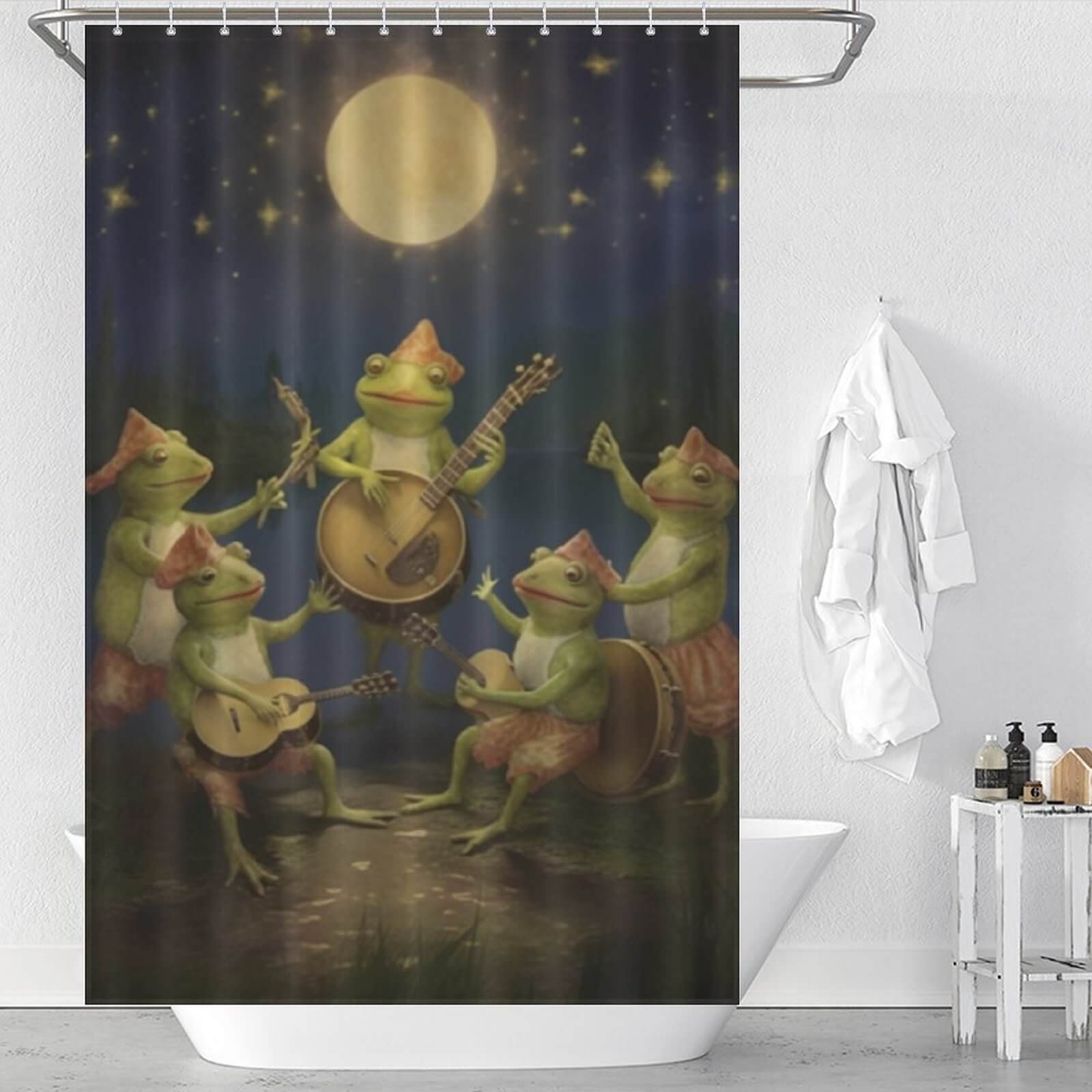 Dancing Frogs Shower Curtain, Funny Frog Performed Moon Bathroom