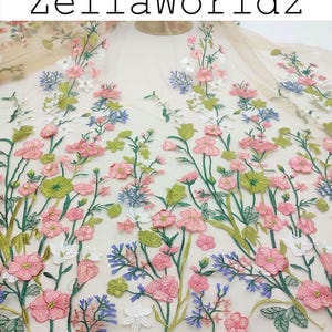 Floral Embroidered Tulle, 3D Pink Flowers Plants Embroidered Lace Mesh Tulle, Multicolor DIY Dresses Tulle Material, Stage Wedding Fabric