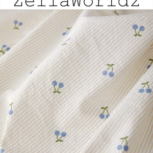 Blue Cherry Stripe Fabric: Cotton Polyester Blend Sewing Material