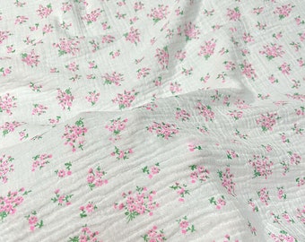 Floral Cotton Gauze Fabric: Pink Flower Print, Crinkled Muslin - By The Yard