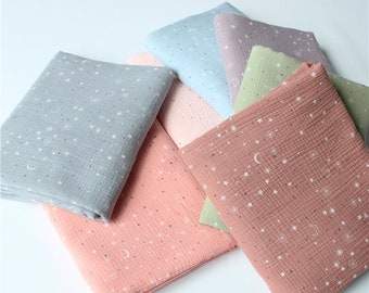 Tecido de gaze de algodão duplo, tecido crepe 100% algodão multicolorido com estrelas e luas, tecido de algodão macio amassado, gaze de musselina para bebês e crianças, material para bricolage