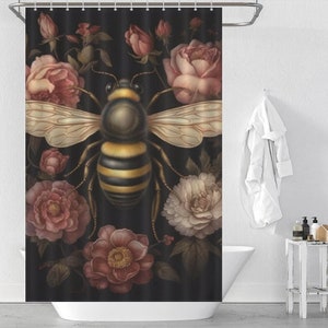 Retro Bee Shower Curtain: Floral Dark Bathroom Decor