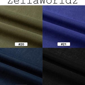 Peut inclure: L'image pr&eacute;sente quatre &eacute;chantillons de tissu en vert olive, bleu roi, bleu marine et noir. Chaque &eacute;chantillon porte une &eacute;tiquette blanche avec un num&eacute;ro. Le texte "ZellaWorldz" est en haut de l'image.