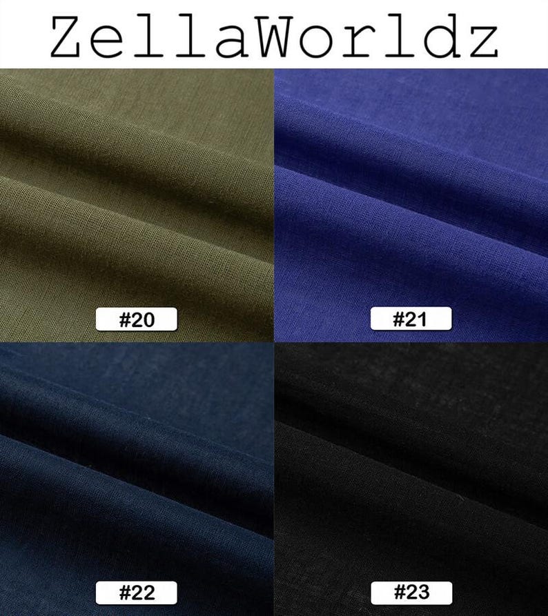 Peut inclure: L'image pr&eacute;sente quatre &eacute;chantillons de tissu en vert olive, bleu roi, bleu marine et noir. Chaque &eacute;chantillon porte une &eacute;tiquette blanche avec un num&eacute;ro. Le texte "ZellaWorldz" est en haut de l'image.
