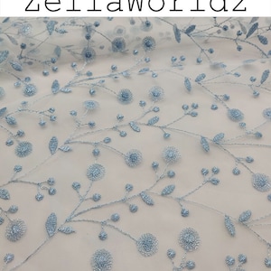 Blue Flower Embroidered Tulle: Wedding Dress Fabric