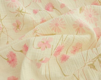 Pink Daisy Double Gauze Fabric: 100%Cotton, Floral Print Cotton Muslin, Sewing Craft Material
