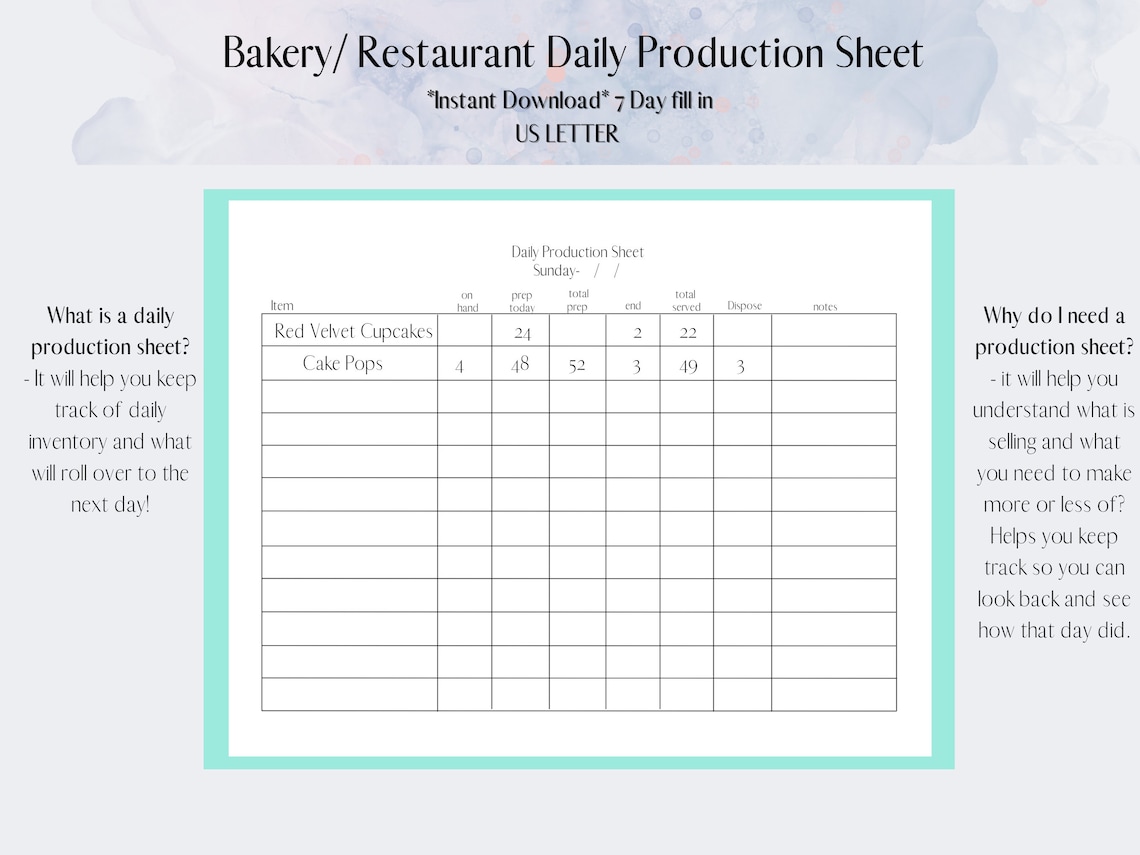 Daily Production Sheet Baking Foodrestaurant Bakery Etsy