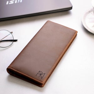 Cartera larga con nombre personalizado y logotipo con nombre o iniciales personalizables • Cartera larga de cuero genuino para hombre