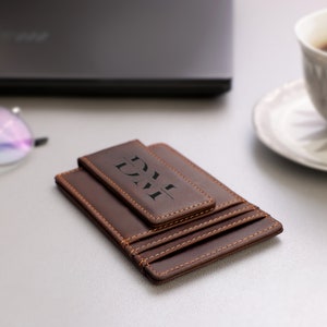 Carteira de couro vintage masculina com logotipo personalizado e clipe magnético para dinheiro, porta-cartão de crédito, bolso frontal com bloqueio RFID para dinheiro e cartões