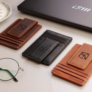 Cartera de bolsillo frontal de cuero delgada con diseño de logotipo y logotipo personalizado vintage para hombre con imán fuerte y clip para dinero con bloqueo RFID