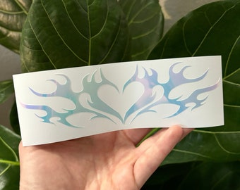 Car Tramp Stamp Vinyl Decal | Rearview Mirror Window Bumper Sticker | Holographic Y2K Aesthetic Heart Flame Wings Tattoo Old English Gothic
