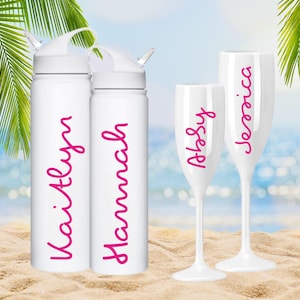 Pu&ograve; includere: Bottiglie d'acqua bianche e calici da champagne con scritte rosa. Le bottiglie d'acqua sono etichettate "Kaitlyn" e "Hannah". I calici da champagne sono etichettati "Abby" e "Jessica". Lo sfondo &egrave; una scena di spiaggia.