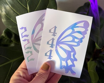 Angel Number Butterfly Wing Vinyl Decal | Water Bottle Car Mirror Laptop Bumper Sticker | Holographic Aesthetic Stickers 11:11 Lucky Number