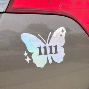 Angel Number Butterfly Vinyl Decal | Water Bottle Laptop Mirror Car Bumper Sticker | Holographic Y2K Aesthetic Retro 11:11 Lucky Number