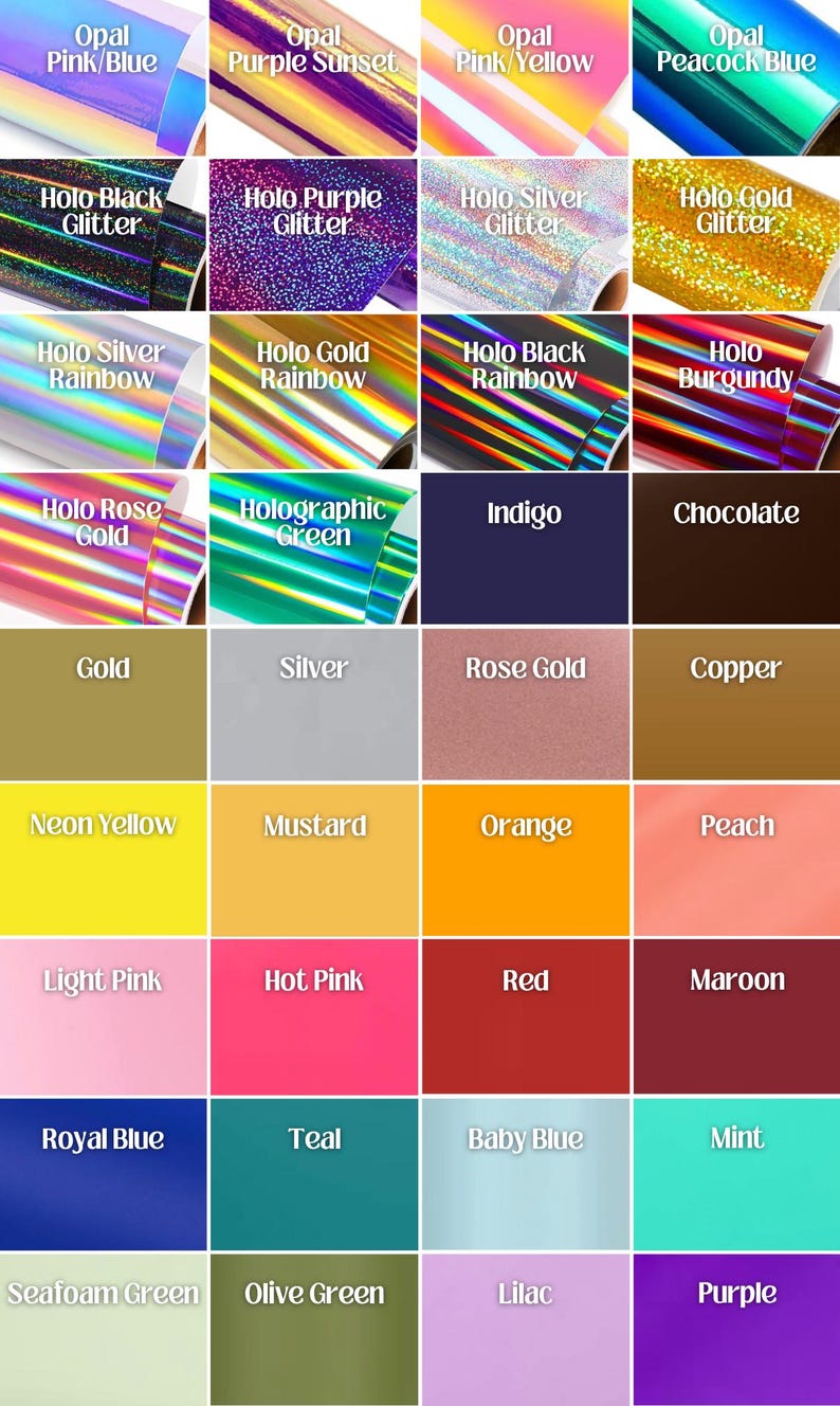 Pu&ograve; includere: Una tabella colori con una variet&agrave; di fogli di vinile. I colori includono Opal Pink/Blue, Purple Sunset e Holographic Green. Sono presenti anche effetti glitter e arcobaleno. La tabella include anche colori pieni come rosso, blu e giallo.
