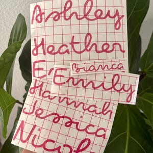 Pu&ograve; includere: Decalcomanie con nomi in vinile rosa su sfondo a griglia. I nomi includono Ashley, Heather, E'Emily, Bianca, Hannah, Jessica e Nicole. Le decalcomanie sono in stile scritto a mano.