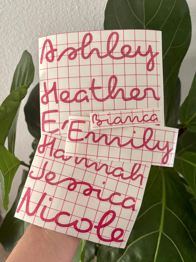 Pu&ograve; includere: Decalcomanie con nomi in vinile rosa su sfondo a griglia. I nomi includono Ashley, Heather, E'Emily, Bianca, Hannah, Jessica e Nicole. Le decalcomanie sono in stile scritto a mano.