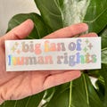 Big Fan Of Human Rights Vinyl Decal | Water Bottle Car Truck Window Rearview Mirror Laptop Bumper Sticker, Vote LGBTQ+ Equality Feminist FDT