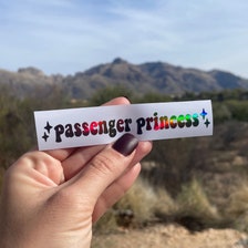 Passenger Princess Vinyl Sticker | Car Window Rearview Mirror Bumper Laptop Decal | Holographic Y2K Aesthetic Accessory Stars Groovy Retro