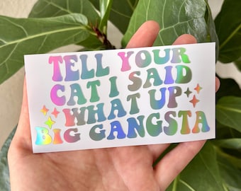 Tell Your Cat I Said What Up Gangsta Vinyl Decal | Truck Car Window Rearview Mirror Laptop Bumper Sticker | Holographic Funny Drive Stickers