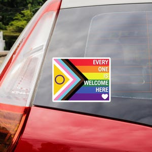 Progress Pride Flag, Intersex Inclusive, All Are Welcome Vinyl Sticker | Water Bottle Car Window Laptop Bumper Decal | Trans LGBTQ+ Equality