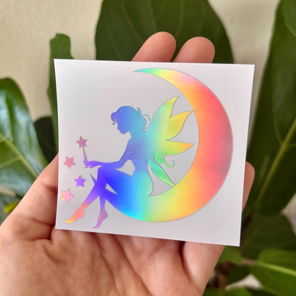 Celestial Fairy Vinyl Decal | Water Bottle Car Window Rearview Mirror Laptop Bumper Sticker | Holographic Moon Stars 11:11 Cottage Core Fae