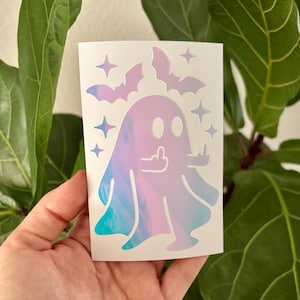 Ghost Middle Finger Vinyl Decal | Car Window Rearview Mirror Laptop Case Bumper Sticker | Holographic Halloween Gothic Spooky Bats Sparkles