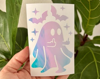 Ghost Middle Finger Vinyl Decal | Car Window Rearview Mirror Laptop Case Bumper Sticker | Holographic Halloween Gothic Spooky Bats Sparkles