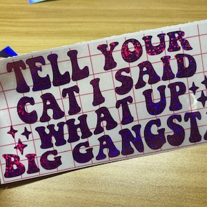 May include: A rectangular sticker with the text "TELL YOUR CAT I SAID WHAT UP BIG GANGSTA" in purple, glittery, bubble letters. The sticker has a grid pattern and four star shapes. The sticker is held by a hand.
