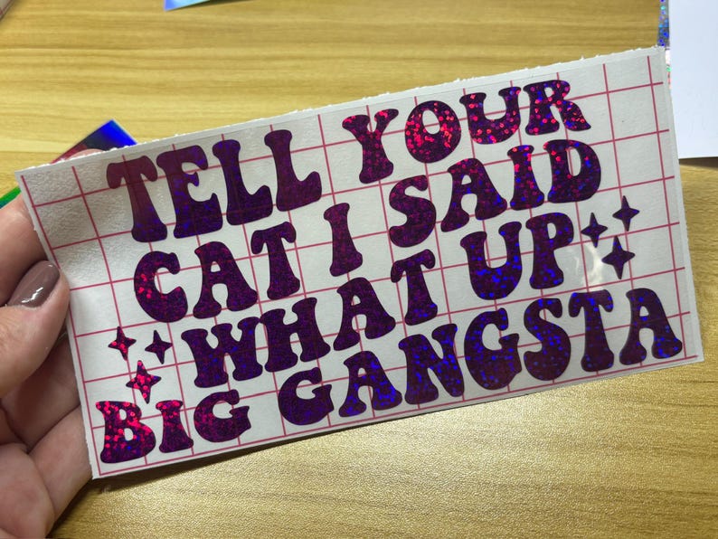 May include: A rectangular sticker with the text "TELL YOUR CAT I SAID WHAT UP BIG GANGSTA" in purple, glittery, bubble letters. The sticker has a grid pattern and four star shapes. The sticker is held by a hand.