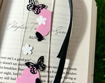 Pink Butterfly Acrylic Bookmark with Black Ribbon! Great gift idea for any Booktok lover!