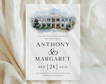 May include: A white wedding invitation card featuring a watercolor illustration of a two-story house at the top. The text reads: YOU ARE INVITED TO CELEBRATE THE MARRIAGE OF ANTHONY & MARGARET SEP 24 AUG THE HAZEL RIDGE INN & WOOD STREET 1623B SONOMA HILLS CALIFORNIA.
