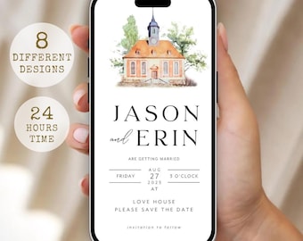 May include: A digital wedding save the date invitation displayed on a smartphone screen featuring a watercolor illustration of a building, the text JASON and ERIN ARE GETTING MARRIED, FRIDAY AUG 27 2025 3 O'CLOCK AT LOVE HOUSE PLEASE SAVE THE DATE.