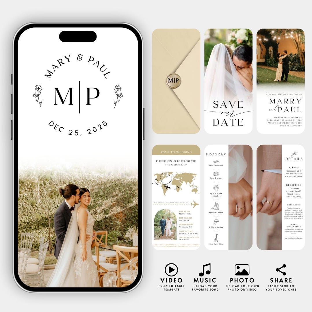 Video Invites Editable Wedding Video Invitation Template: Photo & Music, RSVP (canva ...