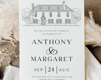 Wedding Venue Line Art Invitation: Custom Venue Sketch (Canva Template, Digital Download)