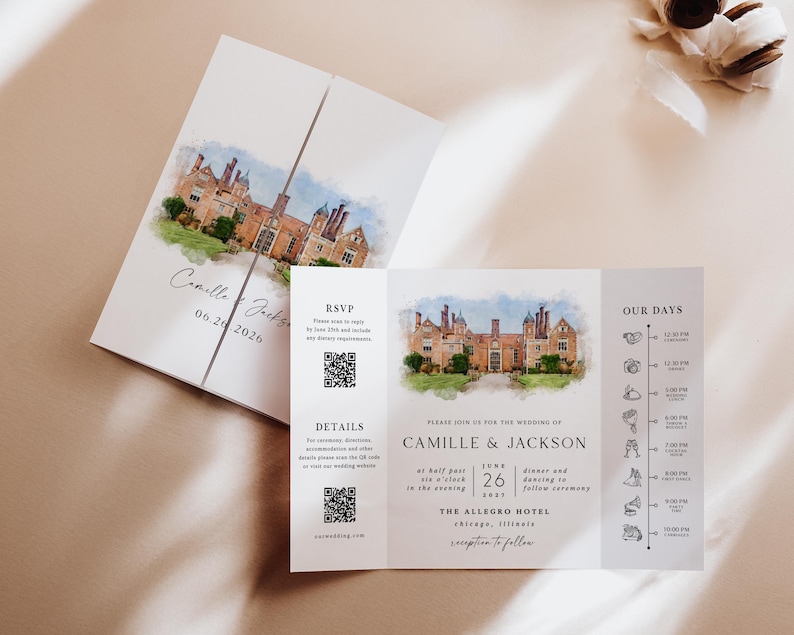 Personalized Watercolor Venue Wedding Gatefold Invitation | Editable ...