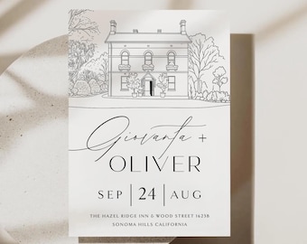 Wedding Venue Line Art Invitation: Custom Venue Sketch (Canva Template, Digital Download