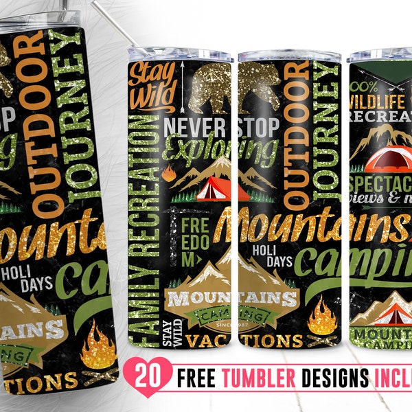 20oz Camping Skinny Tumbler Sublimation Png, Camp, Fire, Tent, Outdoor, Wild Life Sublimation, Png, Straight &Tapered Tumbler Png Design