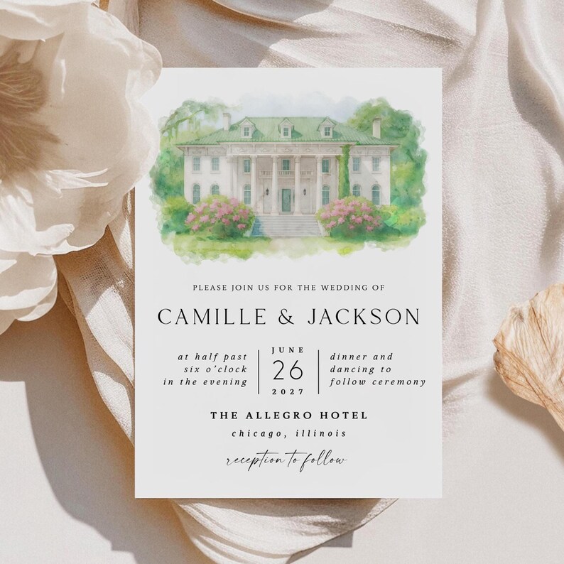 Custom Watercolor Venue Wedding Invitation Template (DIY Canva) - Etsy