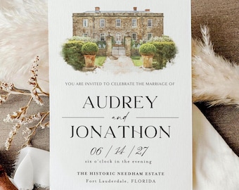 May include: A white wedding invitation card featuring a watercolor illustration of a stone estate with green topiary plants. The text reads: YOU ARE INVITED TO CELEBRATE THE MARRIAGE OF AUDREY and JONATHON 06 / 14 / 27 six o'clock in the evening THE HISTORIC NEEDHAM ESTATE Fort Lauderdale, FLORIDA.