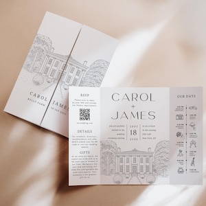 May include: A white tri-fold wedding invitation featuring a black line drawing of a large house. The text includes the names Carol and James, the date September 18, 2026, a QR code, RSVP details, and a timeline of events labeled Our Days with icons.